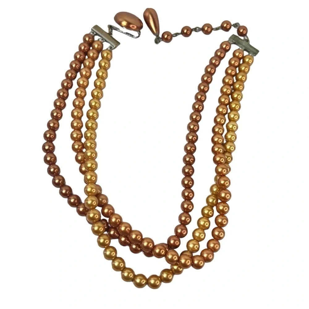 Vintage Three Strand Choker Faux PearlBrown Orange Gold Retro Glam